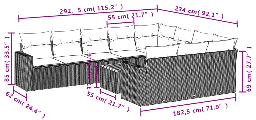 11 pcs conjunto sofás de jardim c/ almofadões vime PE preto