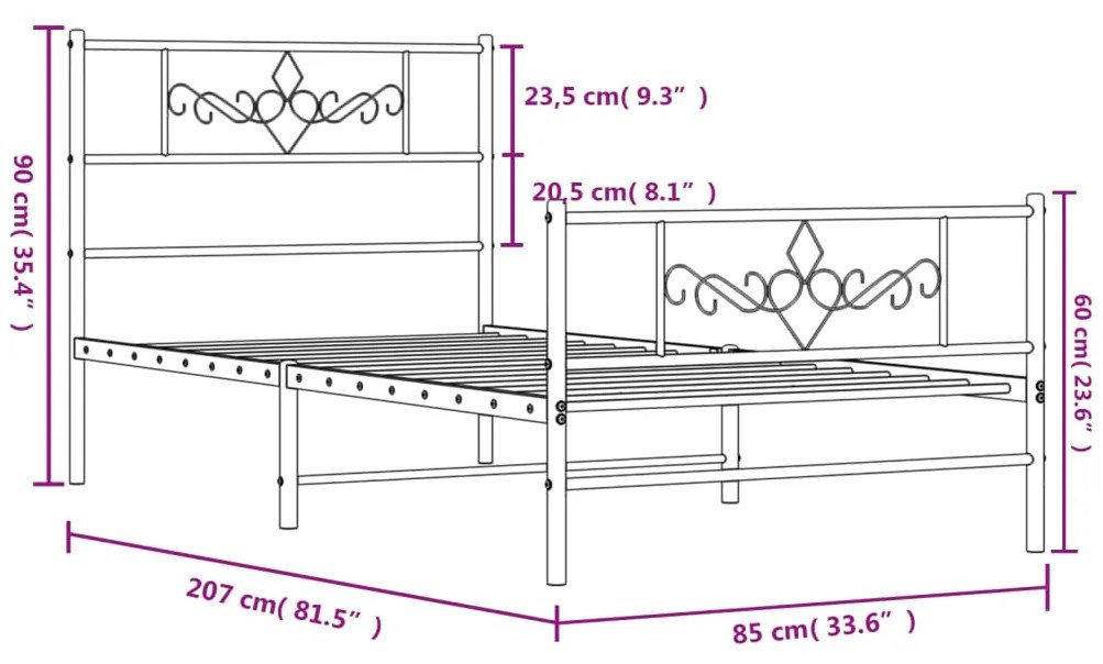 Estrutura de cama com cabeceira e pés 80x200 cm metal preto