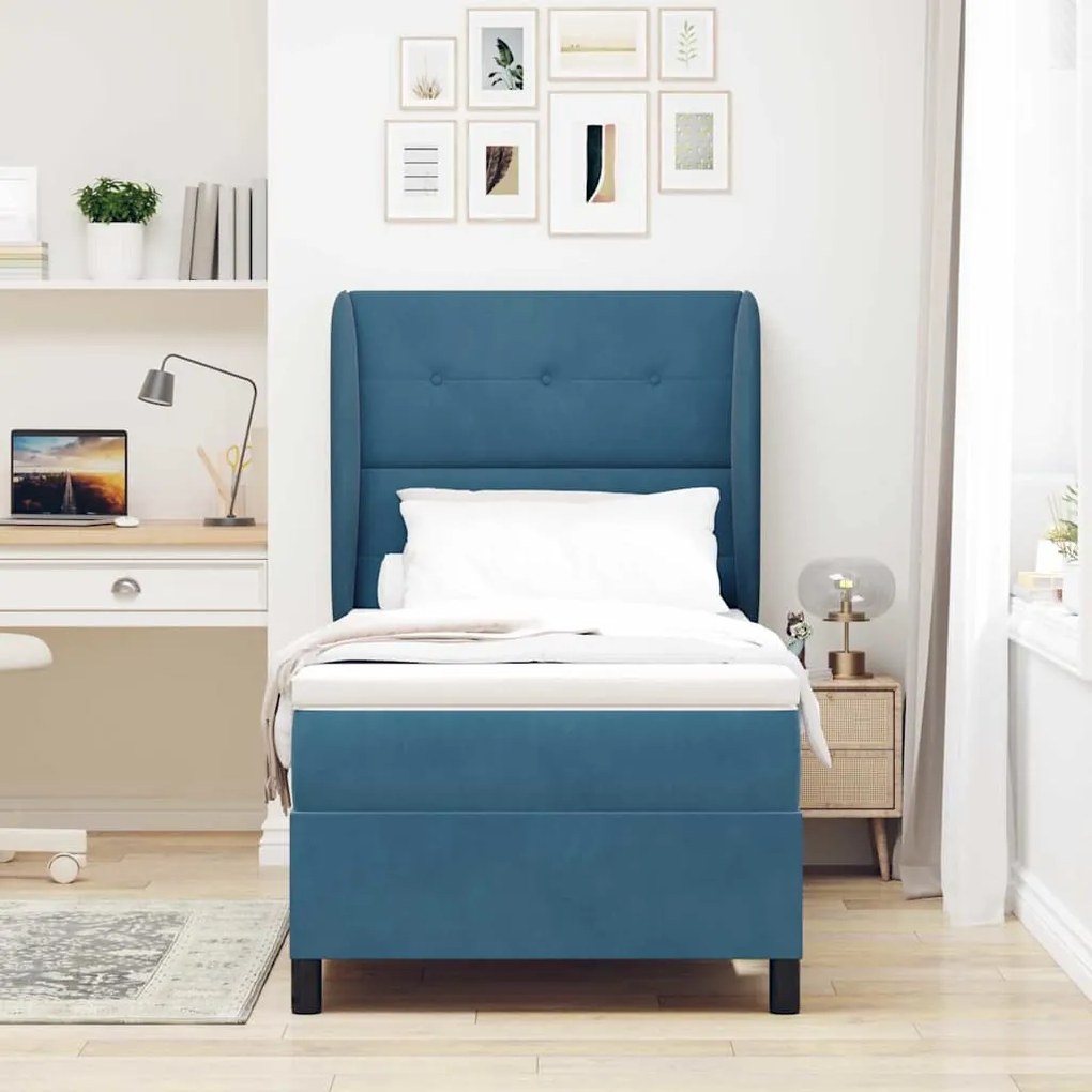 Cama Box com Colchão Azul Escuro, 90x200 cm, em Veludo