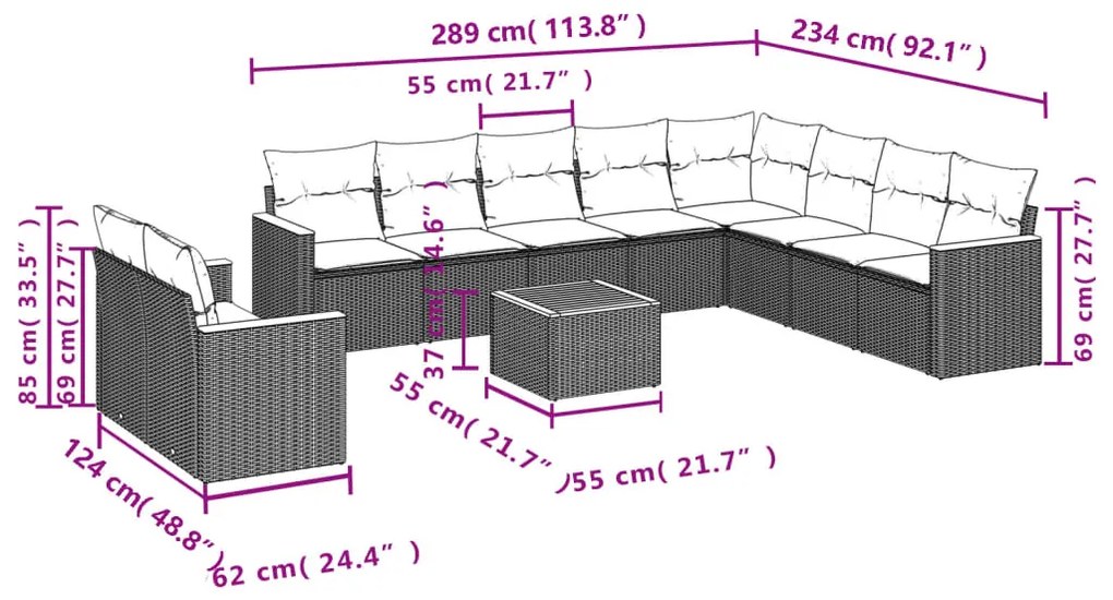 11 pcs conjunto sofás de jardim c/ almofadões vime PE bege