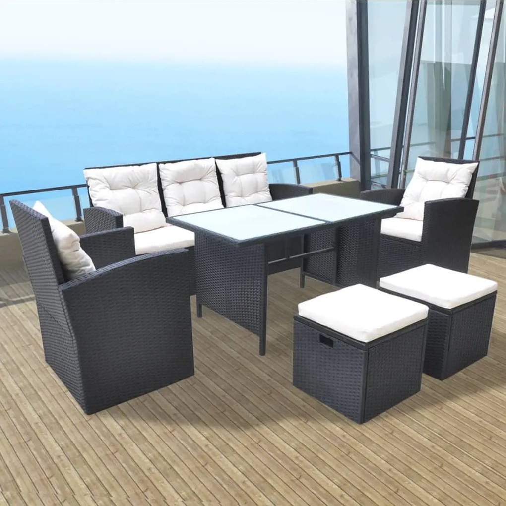 42643 vidaXL 6 pcs conjunto jantar exterior com almofadões vime PE preto