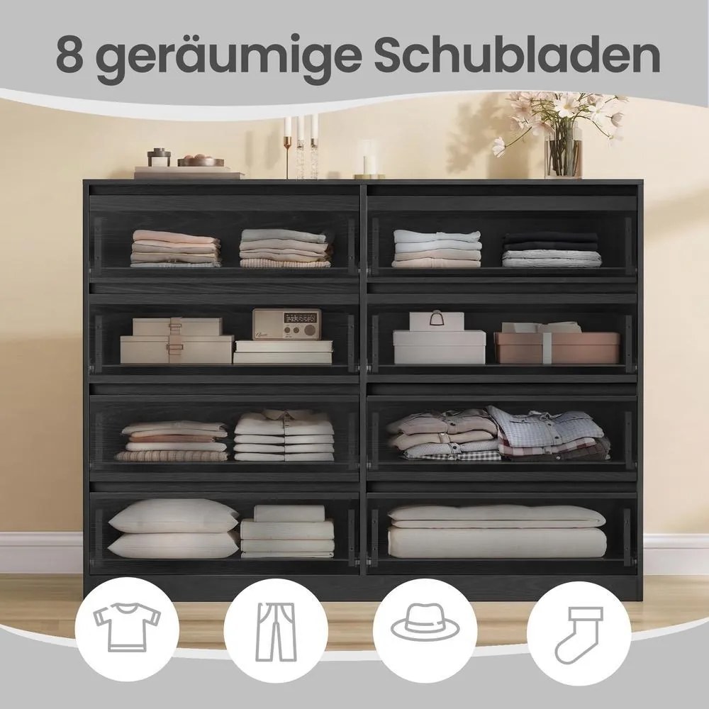 Cómoda, armário de arrumação, com 8 gavetas, para quarto, 40 x 119,4 x 97,5 cm, estilo moderno, preta