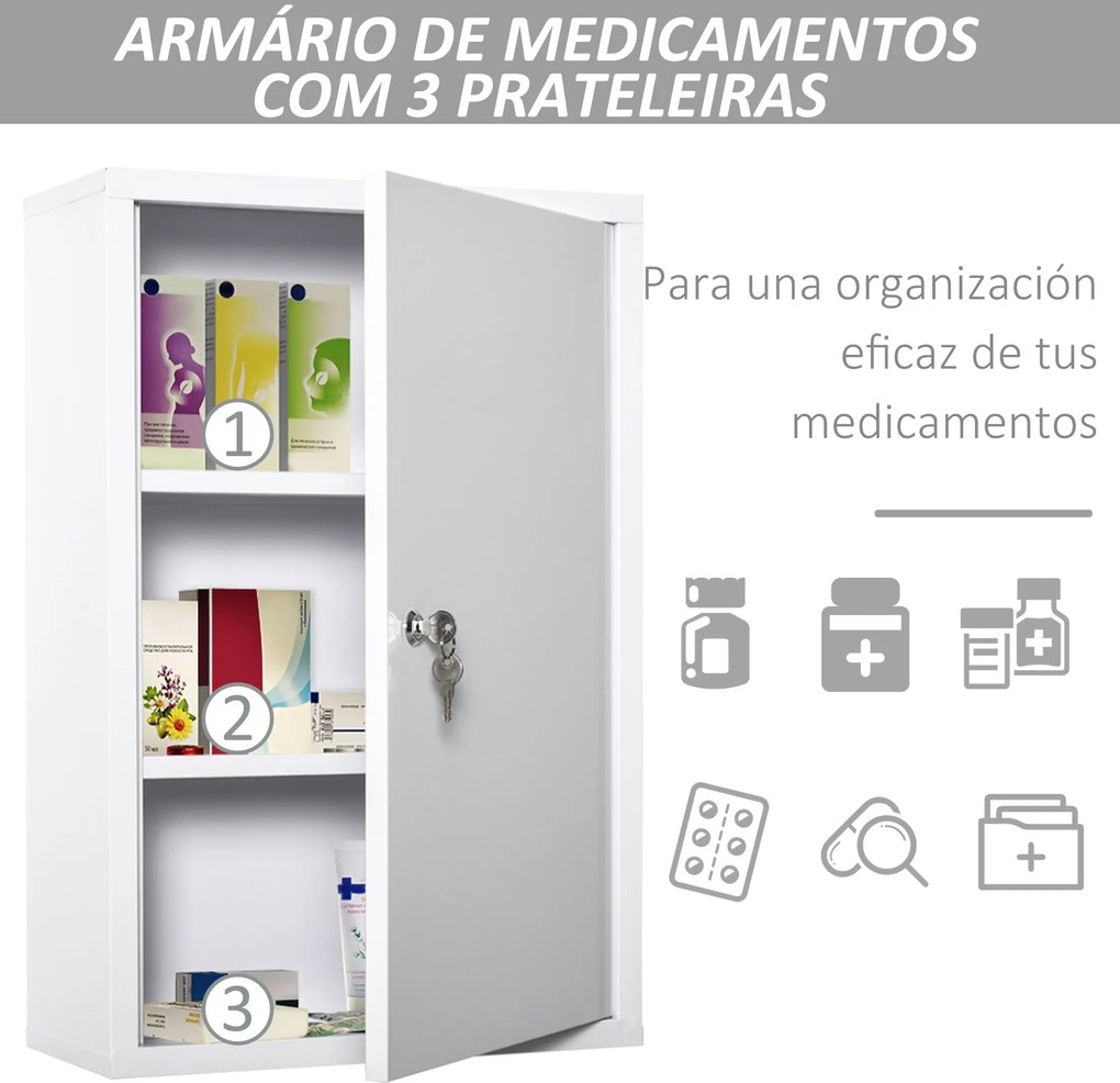 Armário Farmácia de Parede com 3 Prateleiras de Armazenamento e Fechadura com 2 Chaves 40x18x60cm Branco
