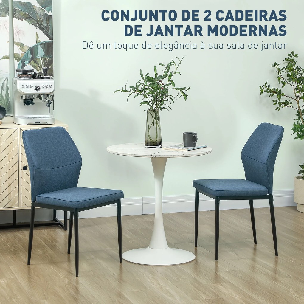 Conjunto de 2 Cadeiras de Jantar Modernas Cadeiras de Cozinha com Assento Acolchoado e Estofado Encosto Curvo 45x57x86 cm Azul Escuro