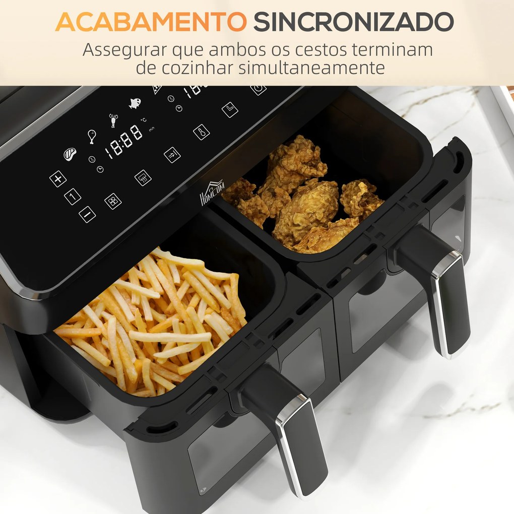 Fritadeira sem Óleo de 8L e 2700W com 2 Cestos Independentes 8 Programas Pré-configurados Ecrã LED Tátil 39x38,5x31 cm Preto