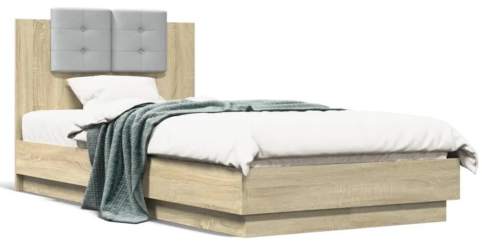 Estrutura cama c/ cabeceira/luzes LED 75x190 cm carvalho sonoma