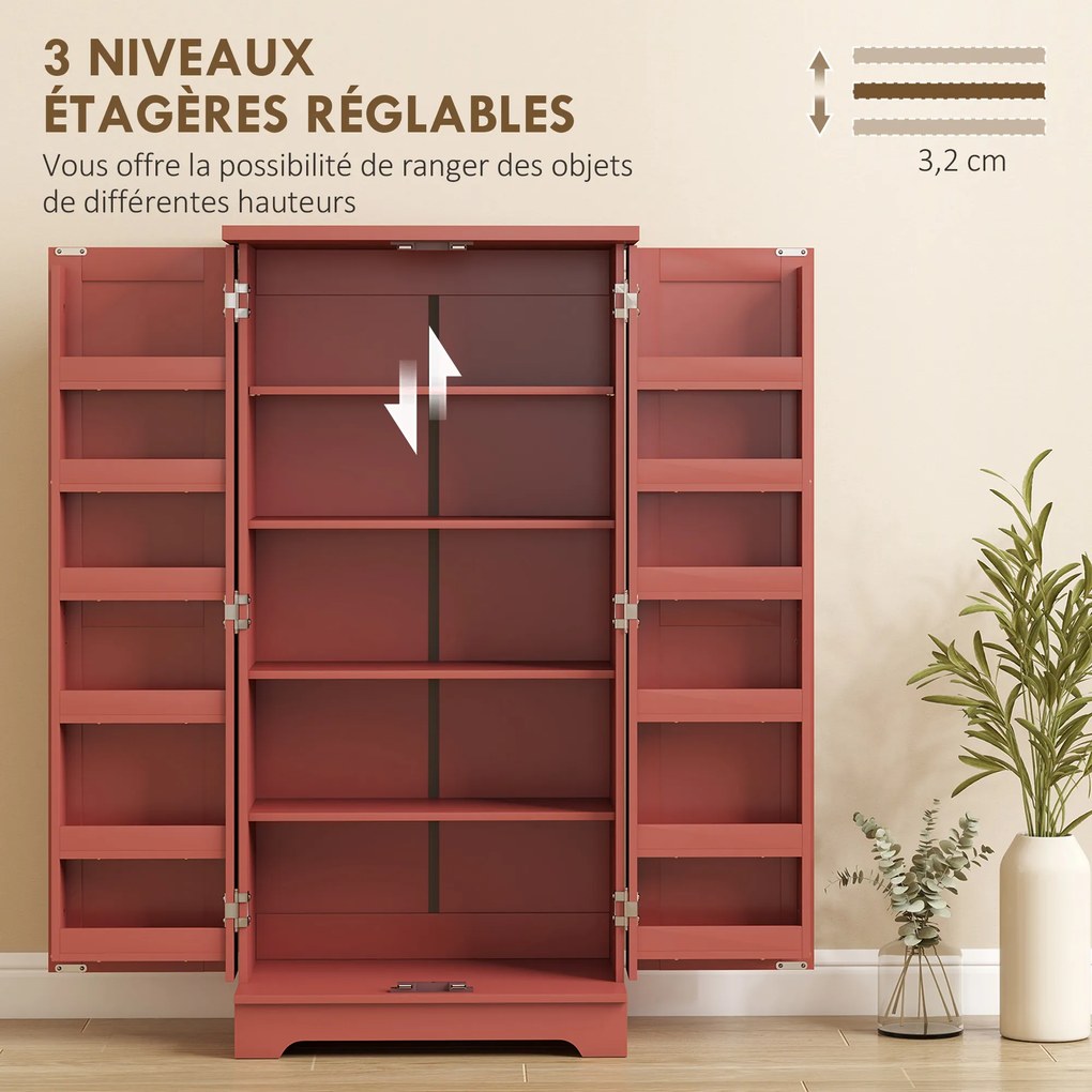 Armário de cozinha com 5 níveis, com portas e prateleiras ajustáveis, 60 L x 40 P x 120 A cm, com acabamento em madeira vermelha