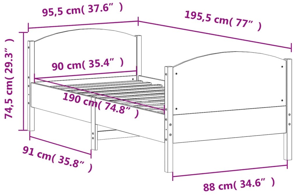 Cama sem colchão 90x190 cm madeira de pinho maciça branco