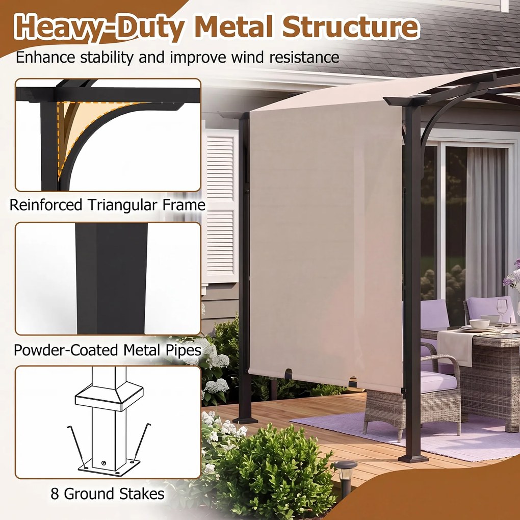 Pérgola Retrátil de Exterior, 305 x 242 x 233 cm, Cobertura Arqueada, Cáqui