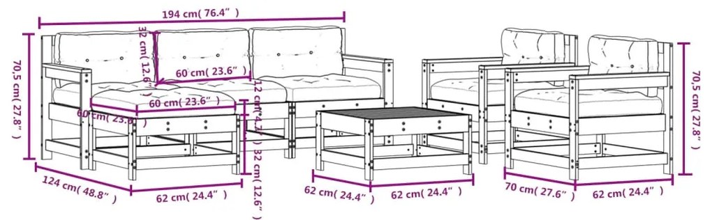7 pcs conjunto lounge jardim c/ almofadões madeira maciça cinza
