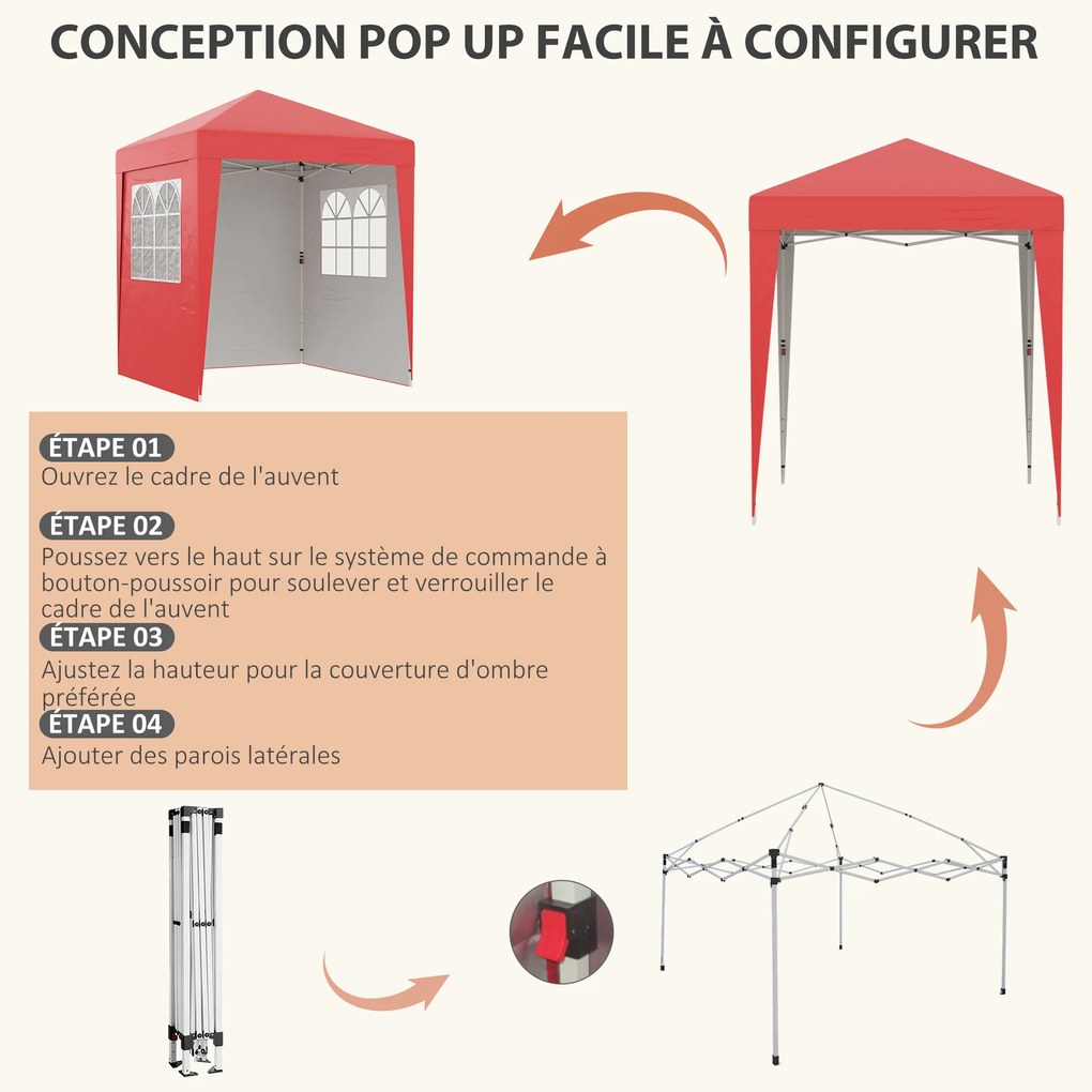 Tenda de jardim pop-up, dobrável, com altura ajustável, proteção UV 30+, 3 paredes laterais 202 x 202 x 261 cm vermelho