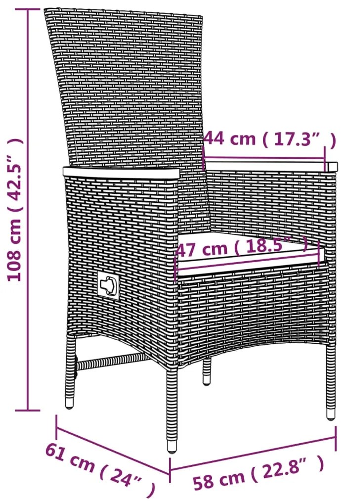 3 pcs conjunto de jantar p/ jardim c/ almofadões vime PE preto