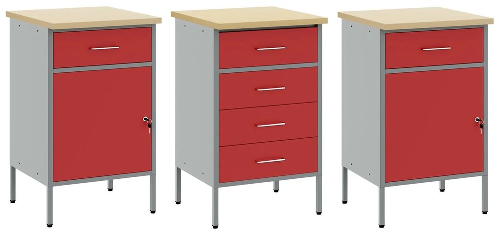 Conjunto de Armários de Trabalho 3 Peças vidaXL Vermelho e Cinza em Ma