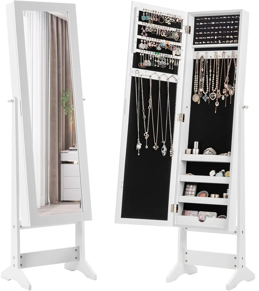 Espelho de joias de pé 35 x 30 x 144 cm com 3 inclinações, organizador de armazenamento para brincos e colares com espelho e 4 compartimentos, branco