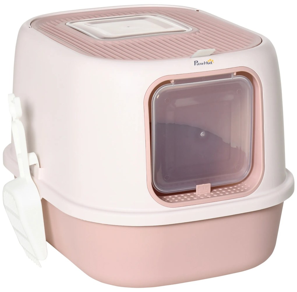 Caixa de Areia para Gatos Caixa de Areia Fechada com Entrada Dianteira Saida Superior Bandeja Removível e Pá 40x53,5x37,5cm Rosa