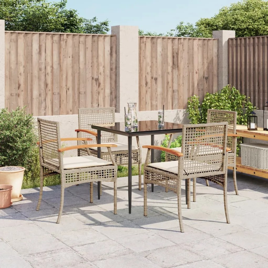 5 pcs conjunto de jantar p/ jardim com almofadões vime PE bege