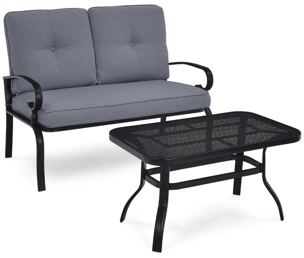 Conjunto de sofá de 2 lugares e mesa de centro banco externo com almofadas para pátio jardim cinza e preto