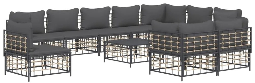 11pcs conjunto lounge de jardim c/ almofadões vime PE antracite