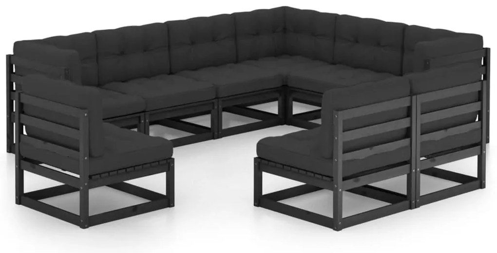 9pcs conjunto longue de jardim c/ almofadões pinho maciço preto
