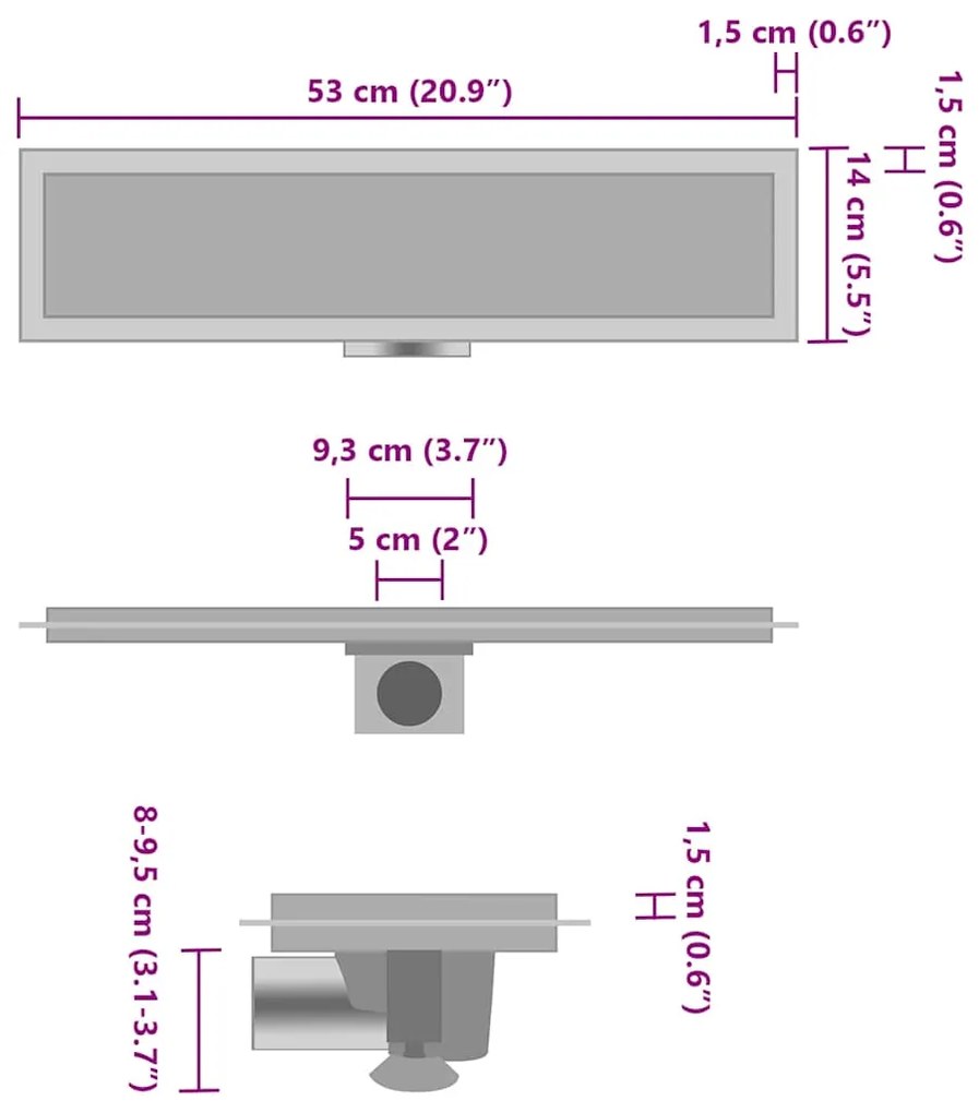 Dreno de chuveiro com tampa 2 em 1 53x14 cm aço inoxidável