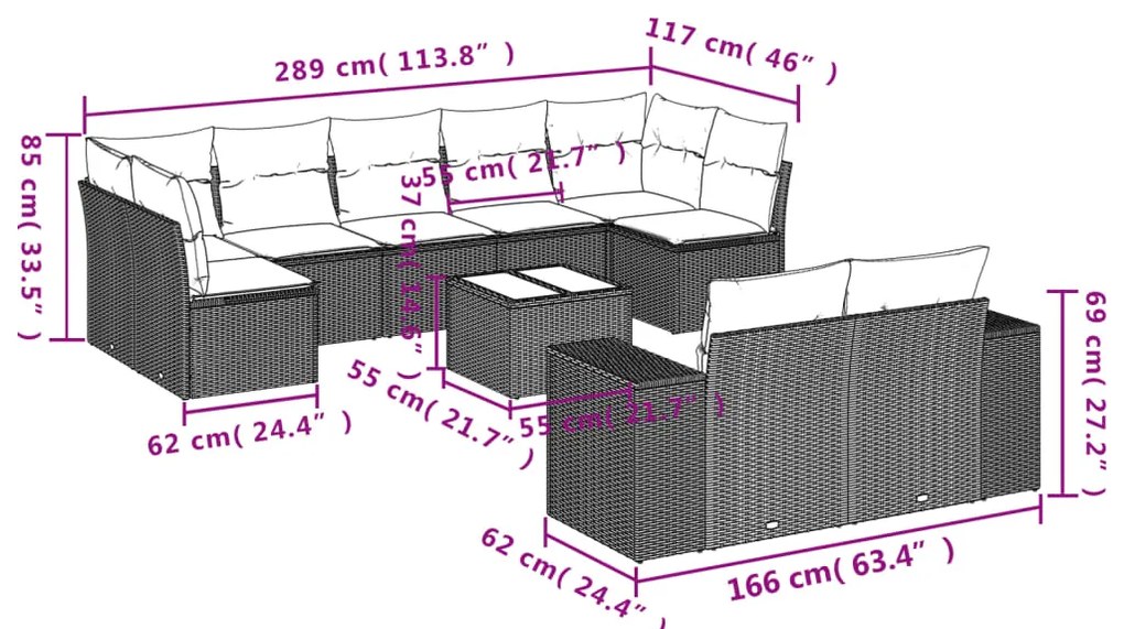 10 pcs conjunto sofás de jardim c/ almofadões vime PE cinzento