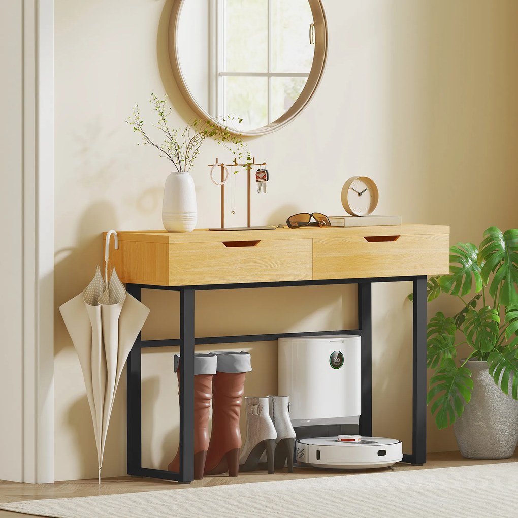 Mesa consola 110 (C) x 35 (P) x 76,5 (A) cm estreita com 2 gavetas, estrutura em metal e design sem puxadores, cor natural