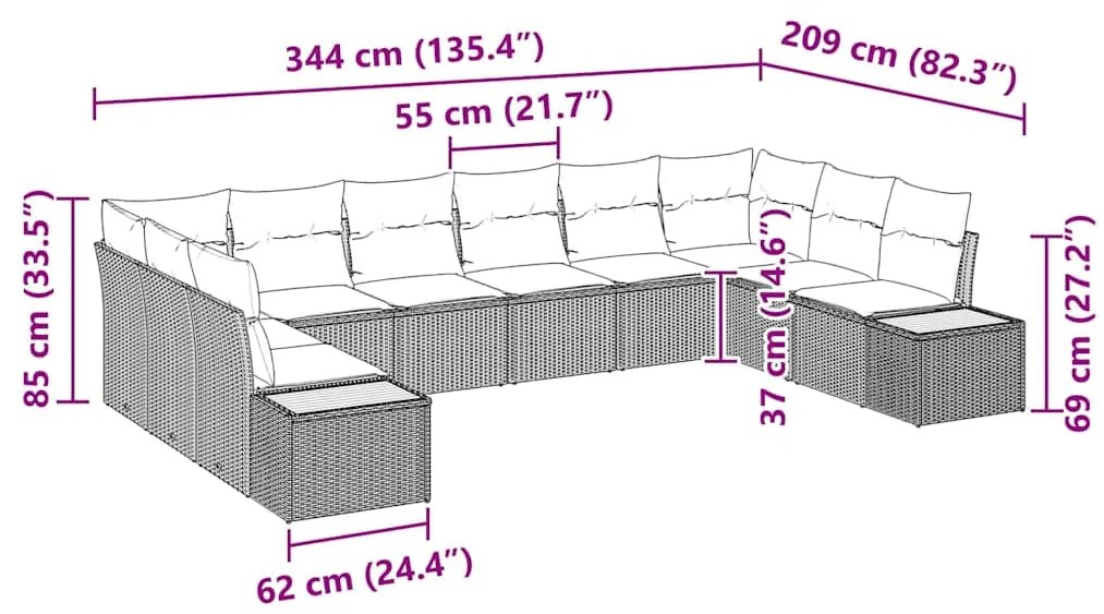 Conjunto de Sofás para Jardim com Almofadas Bege Vime PE Acácia