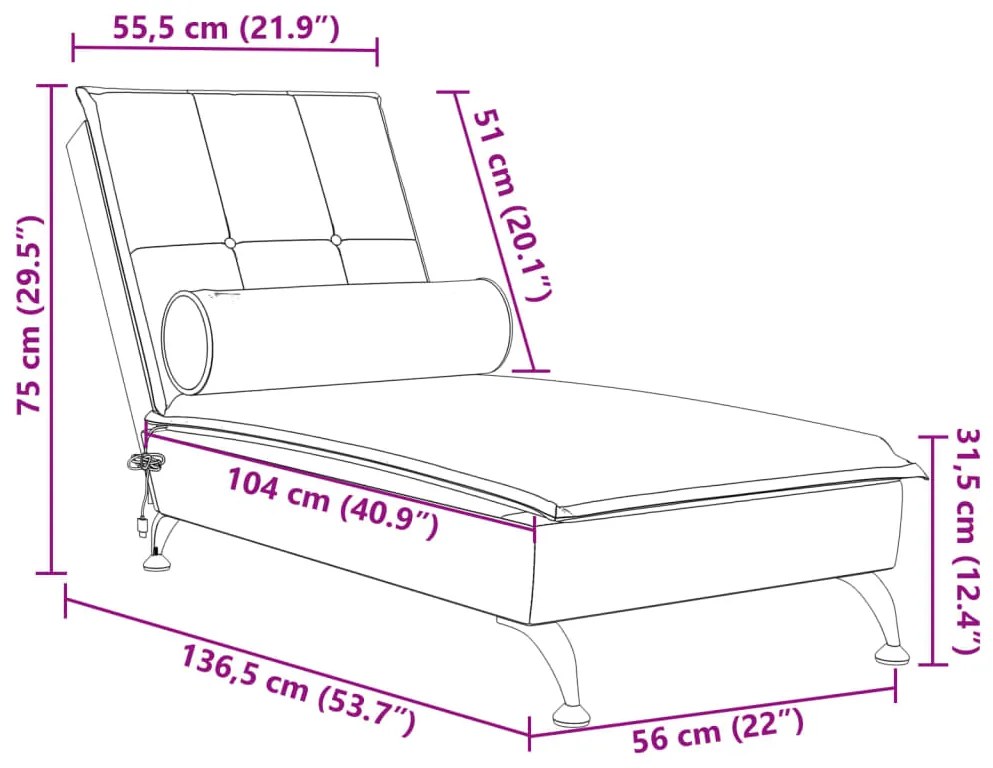 Chaise lounge de massagem com rolo veludo cinzento-claro