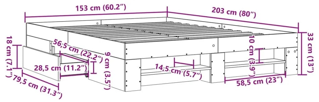 Estrutura de cama 150x200 cm derivados de madeira cinza sonoma