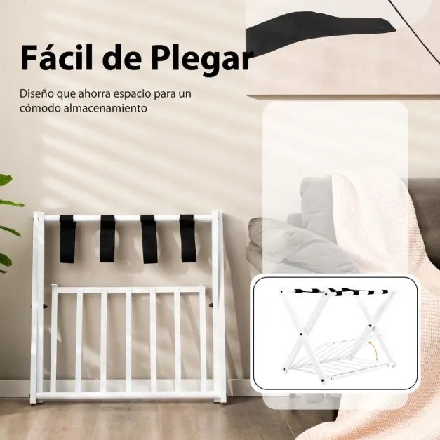 Estante dobrável de metal para bagagens até 60 kg com 4 correias estáveis e design de 2 andares para casa e hotel Branco