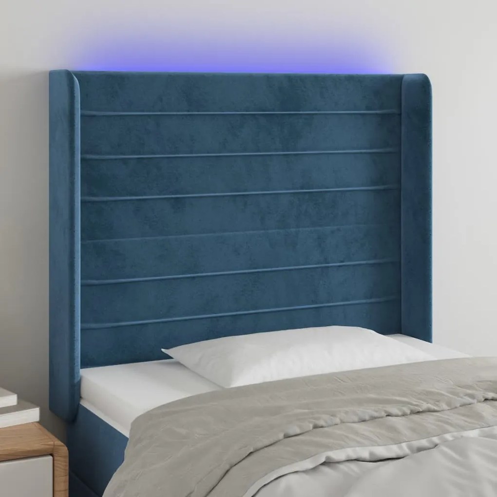 Cabeceira cama c/ luzes LED veludo 93x16x118/128 cm azul-escuro