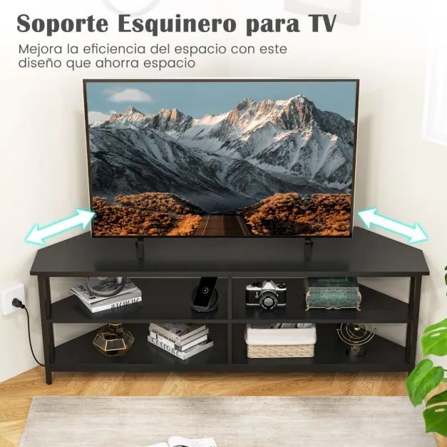 Móvel canto para TV para TVs até 65'' com Tomadas e portas USB, estrutura metálica e estantes Preto