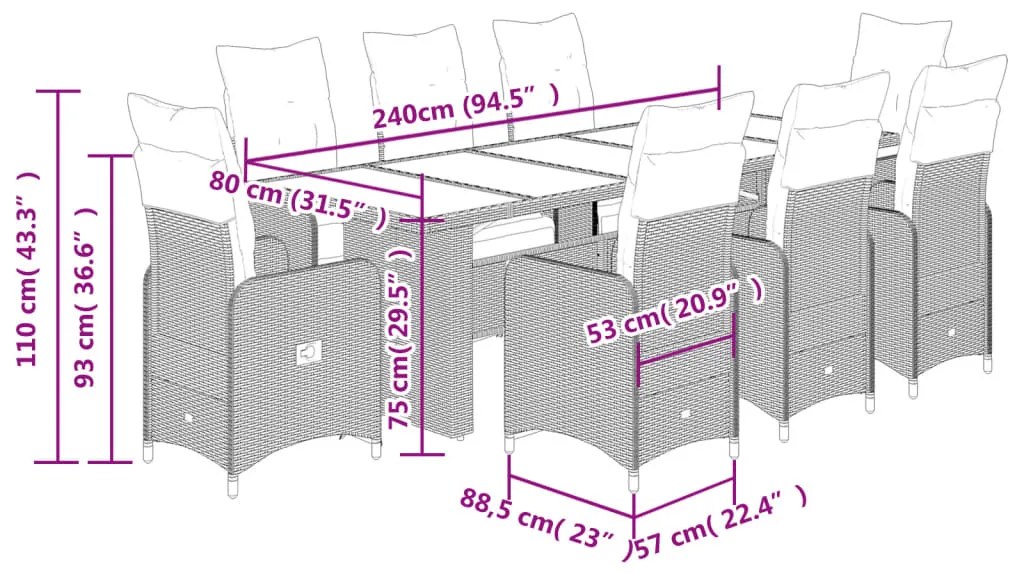 9 pcs conjunto de bistrô p/ jardim c/ almofadões vime PE preto