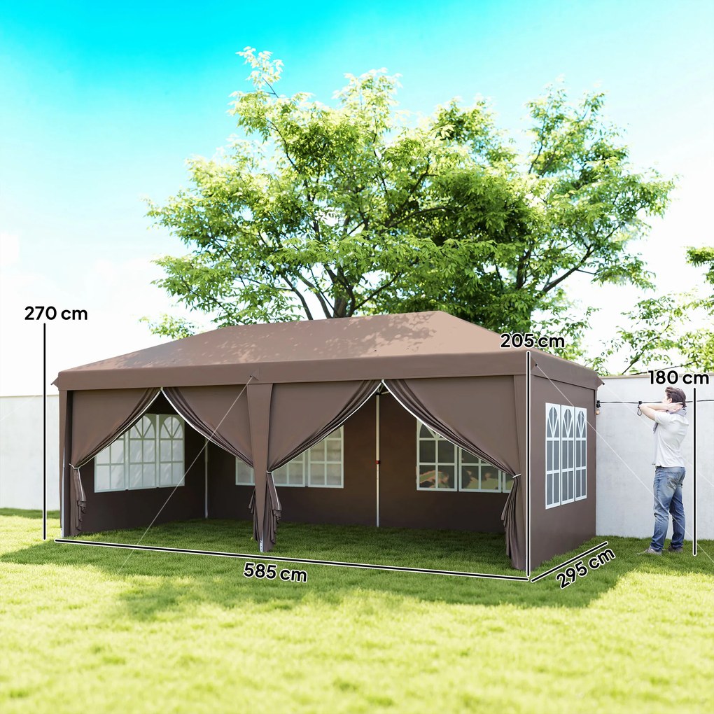 Tenda Dobrável 6x3 m Pop-up com 4 Laterais Removíveis Toldo de Jardim com 4 Janelas e Bolsa de Transporte Castanho