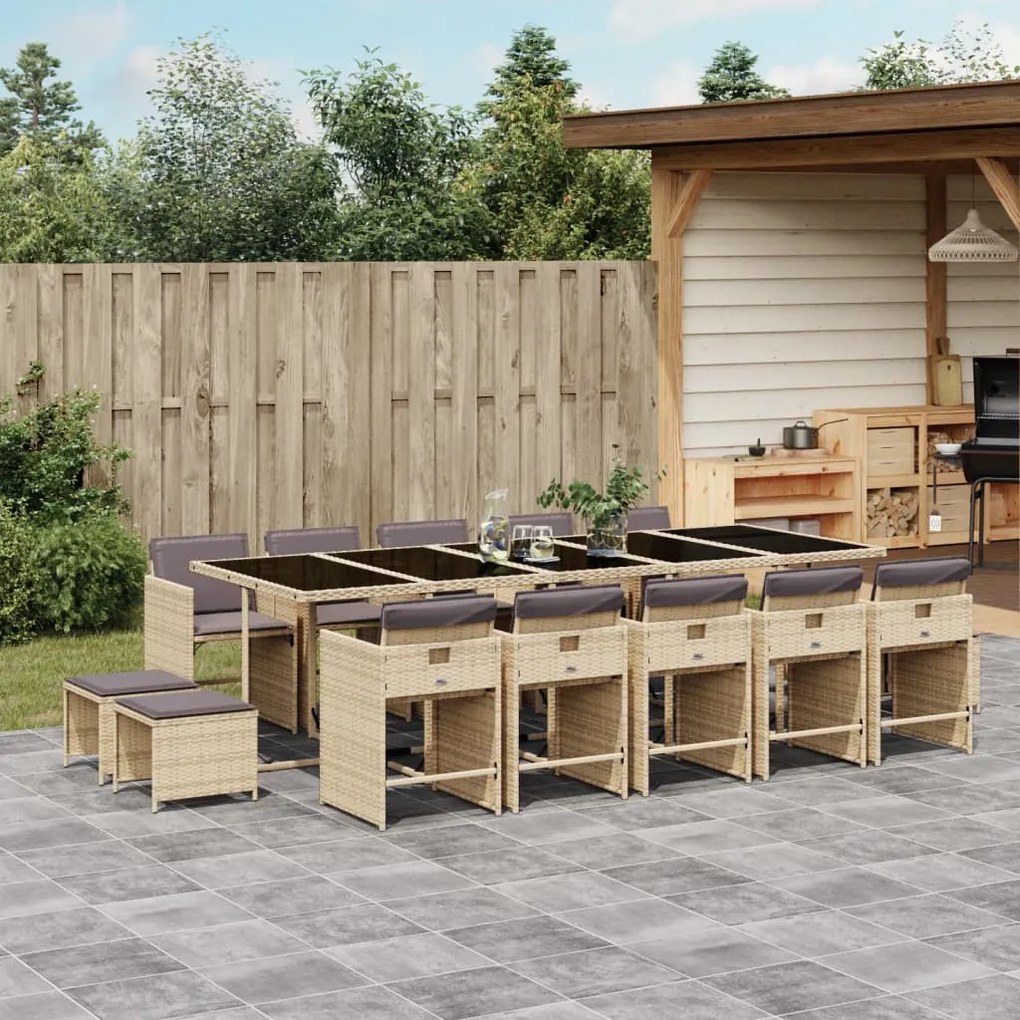 vidaXL 15 pcs conj. jantar jardim c/ almofadões vime PE bege misturado
