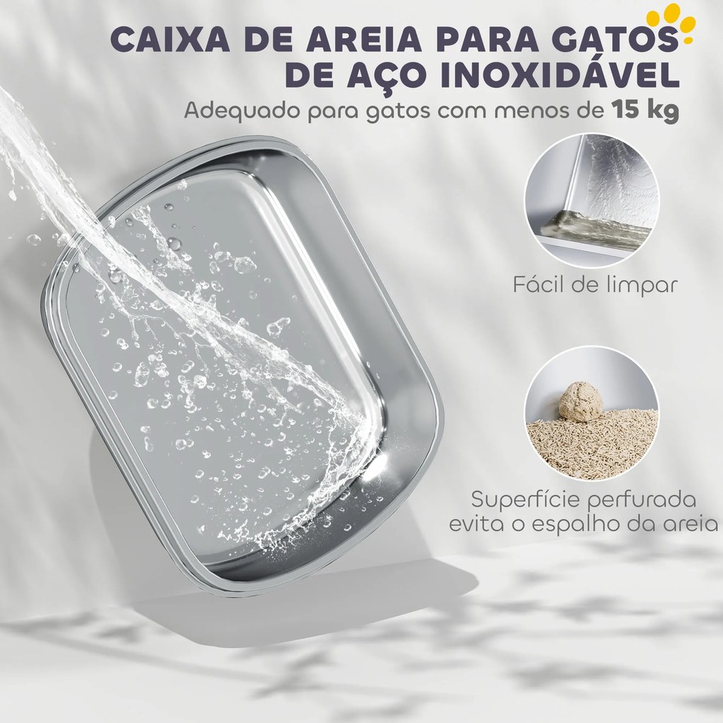 Caixa de Areia para Gatos Fechada com Bandeja em Aço Inoxidável Bordas Altas Pá para Gatos Grandes 53x42x27 cm Cinzento