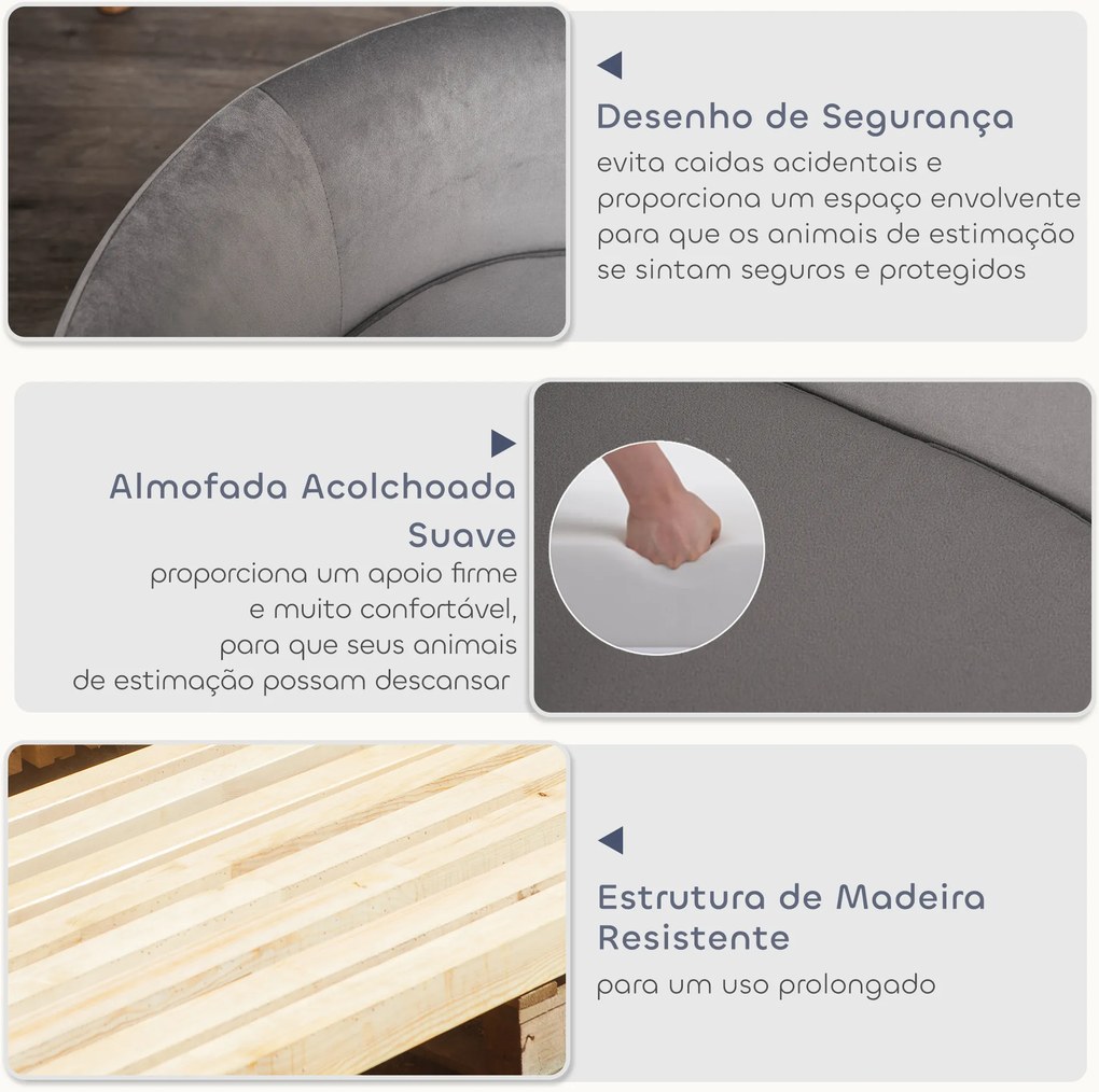 Sofá para Cães Pequenos com Pés de Madeira Almofada Removível e Capa Lavável  86x55x33 cm Cinzento Claro