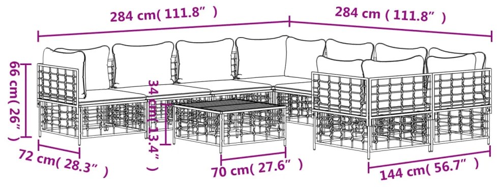 9 pcs conjunto lounge de jardim c/ almofadões vime PE antracite