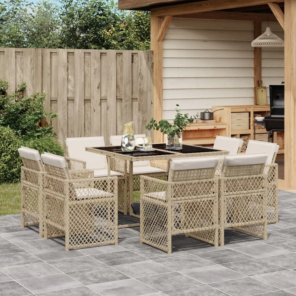 9 pcs conjunto de jantar p/ jardim com almofadões vime PE bege
