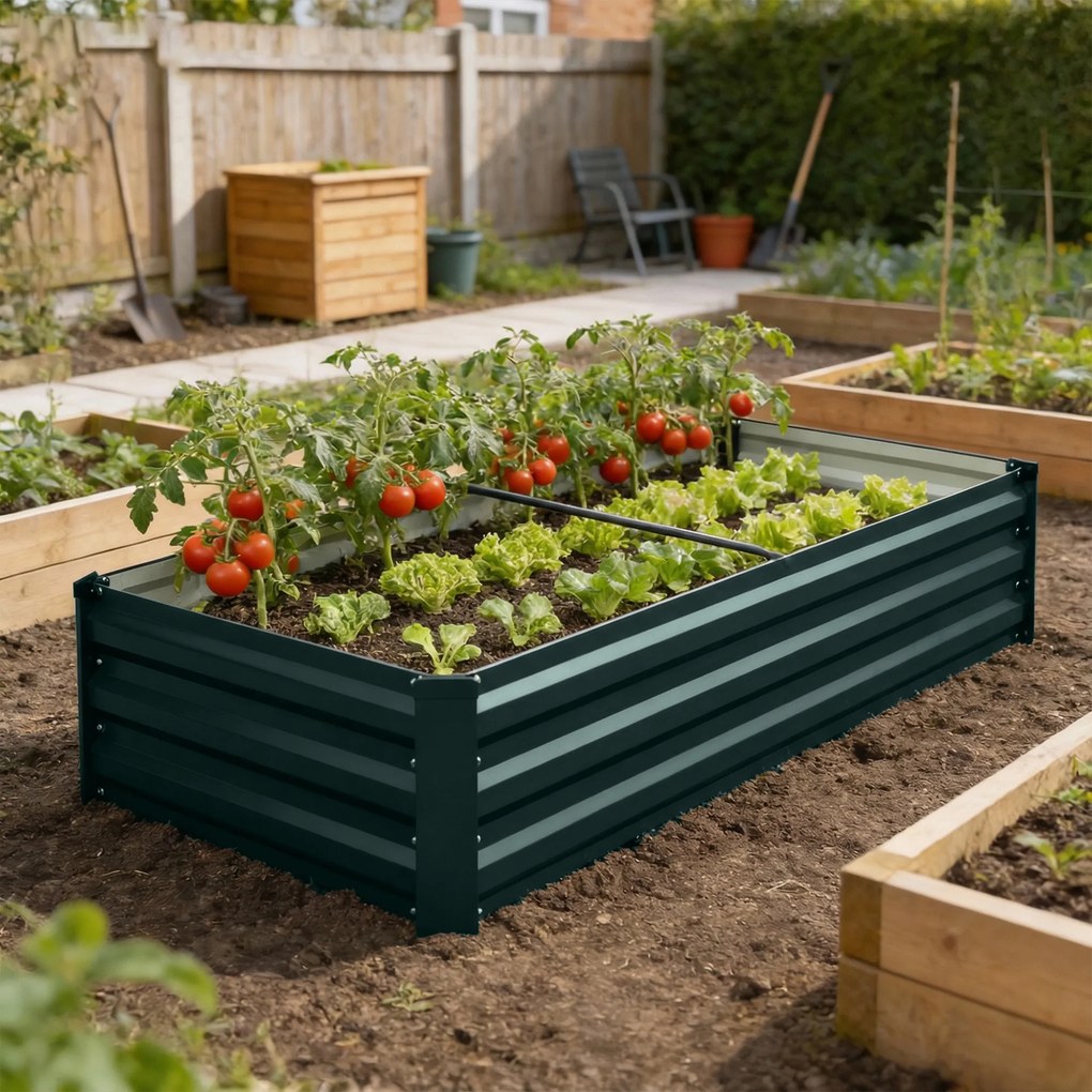 Floreira retangular para horta 150 x 70 x 30 cm,, em aço galvanizado, com rebordo de segurança e fundo aberto, verde