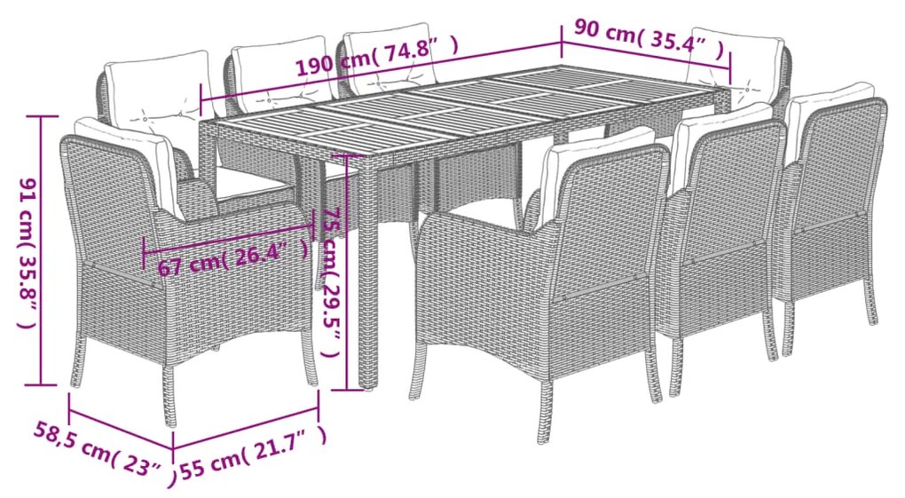 9 pcs conjunto de jantar p/ jardim c/ almofadões vime PE cinza