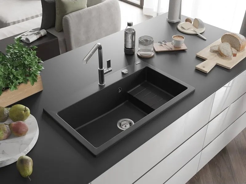 Mexen Omar lava-louça de granito com 1 cubas 800 x 480 mm, preto, sifão de cromado - 6520801005-77