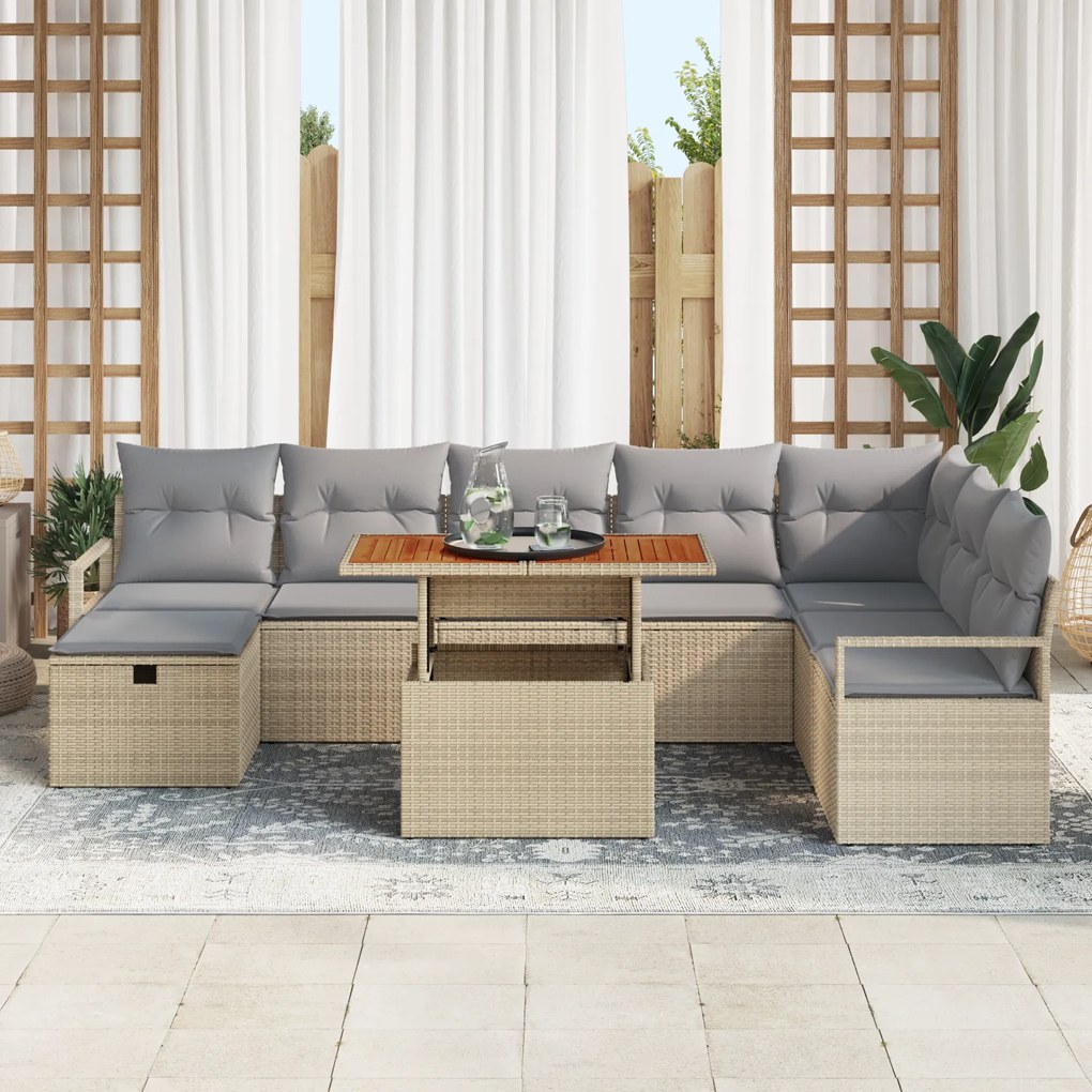 Conjunto de Sofá de Jardim de 9 Peças com Almofadas Bege Vime Poliéste