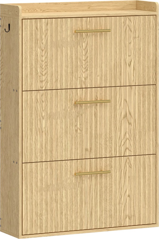 HOMCOM Sapateira Slim Salva-Espaço com 3 Portas Basculantes, Prateleiras Reguláveis em 3 Níveis, para 12-18 Pares, Castanho Claro | Aosom Portugal