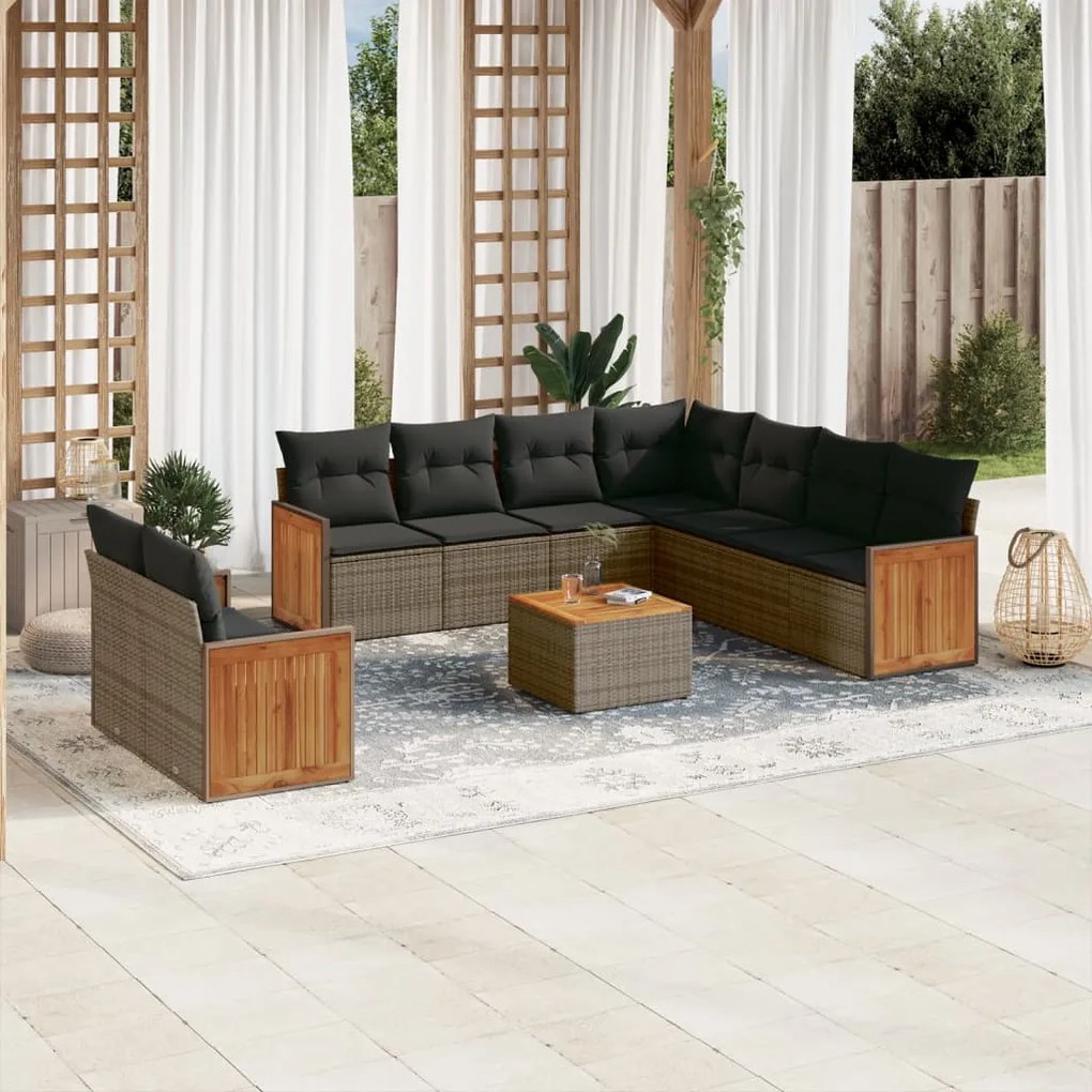 vidaXL 10 pcs conjunto sofás de jardim c/ almofadões vime PE cinzento