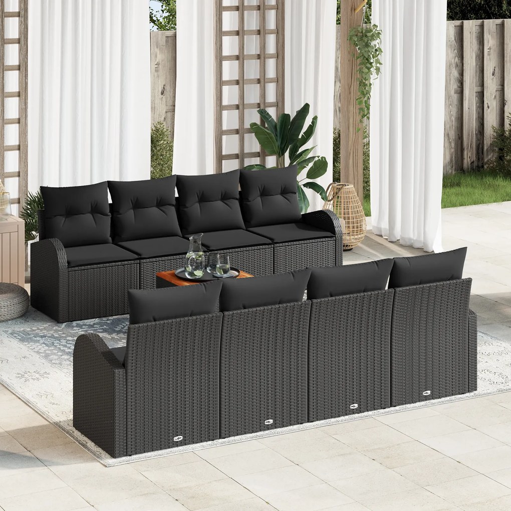 Conjunto de Sofá de Jardim de 9 Peças com Almofadas Preto Vime PE Acác