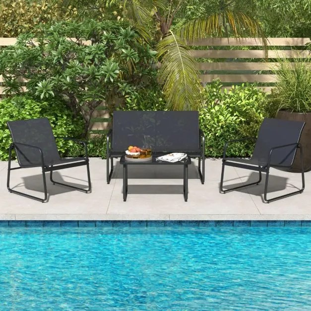 Conjunto Jardim de 4 peças com mesa de centro em vidro temperado Tecido respirável Estrutura em metal inoxidável Preto