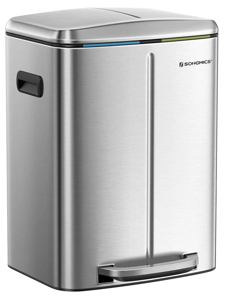 Caixote de cozinha duplo, 2 x 20 L, pedal, aço, baldes interiores, fecho suave, cor prateada