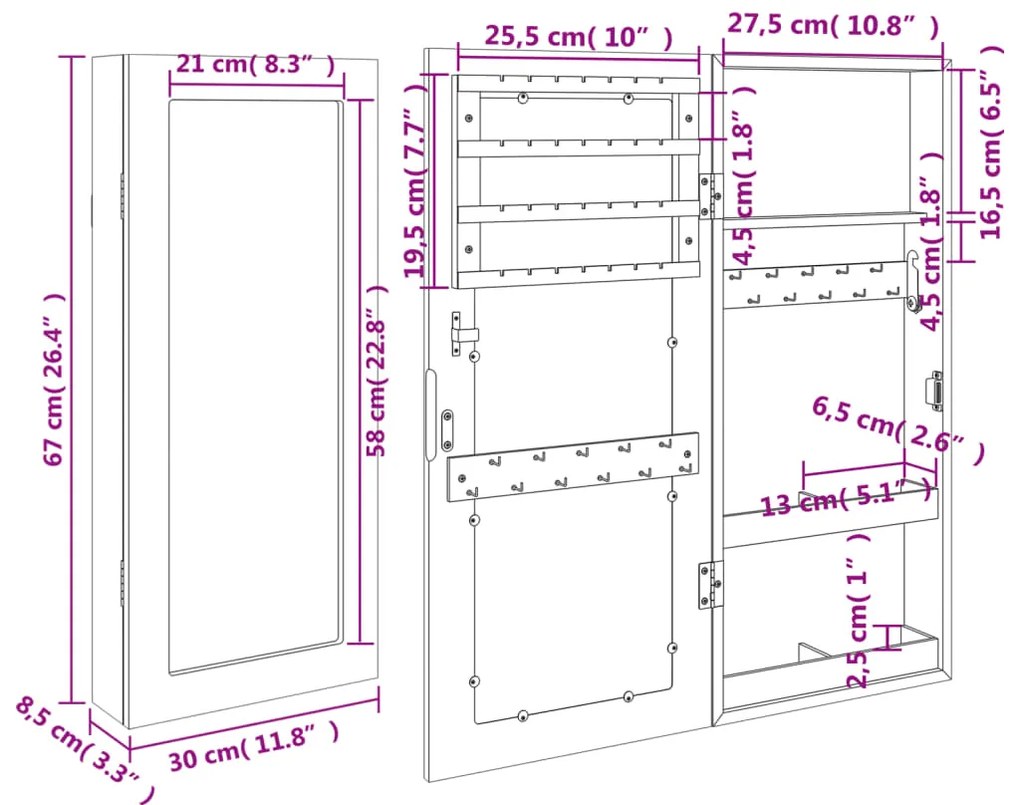 Móvel para joias de parede espelhado 30x8,5x67 cm preto