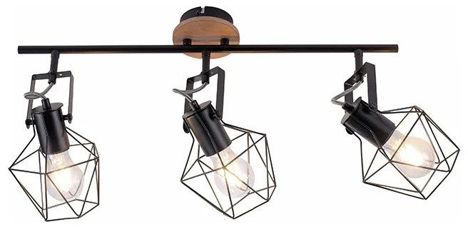 Luminária Industrial Preto com Madeira 3 Luzes - Sven Industrial